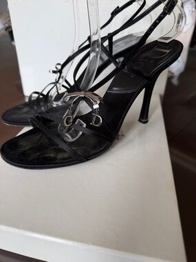 CHRISTIAN DIOR Vintage Black Satin Sandal with Silver Bow and C & D Size 39 9